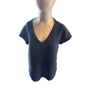 Cloth & Stone Women's Top Gauze Cotton Top V-Neck Size S Blue Short Sleeve Blue